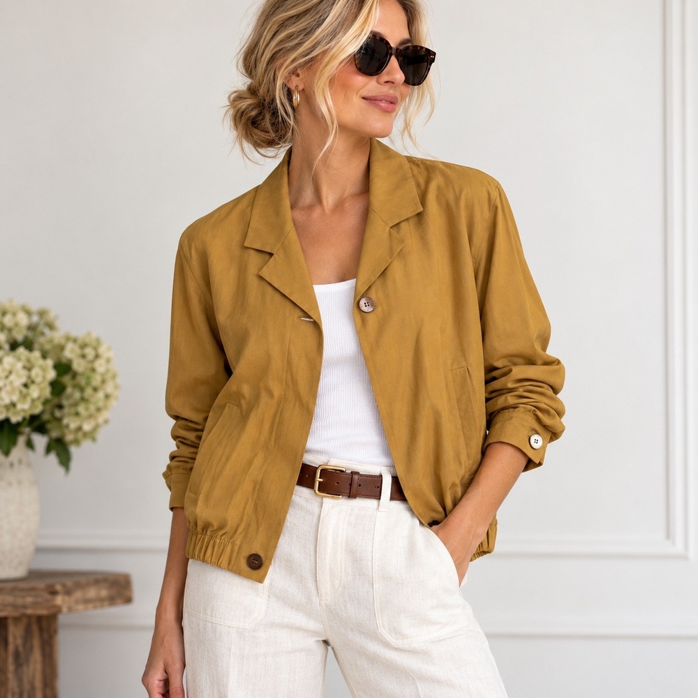 Vtg Ann May Silk Bomber Jacket Womens Size M Tan Mustard Yellow Quiet Luxury